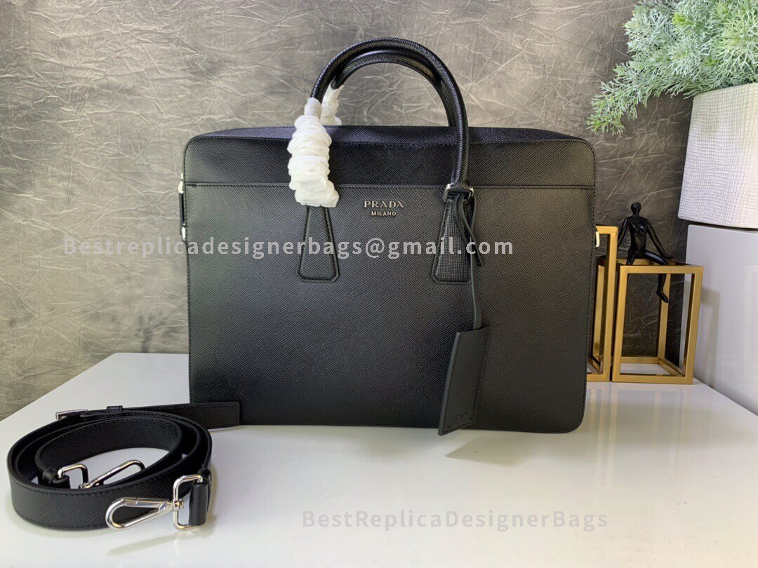 Prada Saffiano Cuir Leather Black Briefcase SHW 366